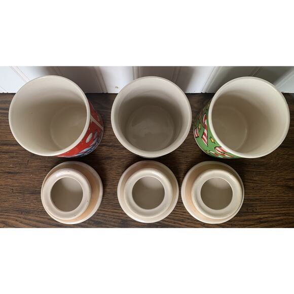 3 Merry Brite Christmas Small Ceramic Mugs Canister Lids W Seals No Handles Vtg - Picture 3 of 5